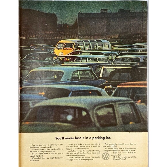 Volkswagen Bus Wagon "You'll Never Lose it in a Parking Lot" Vtg Print Ad 1964 - Picture 1 of 3